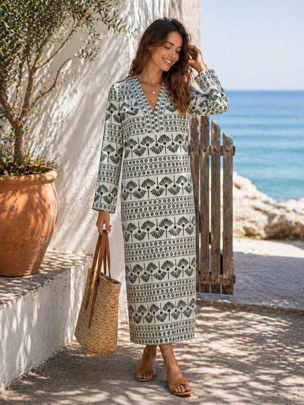 Antonio Melani Palmer Palm Print V-Neck Linen Maxi Dress Size Large